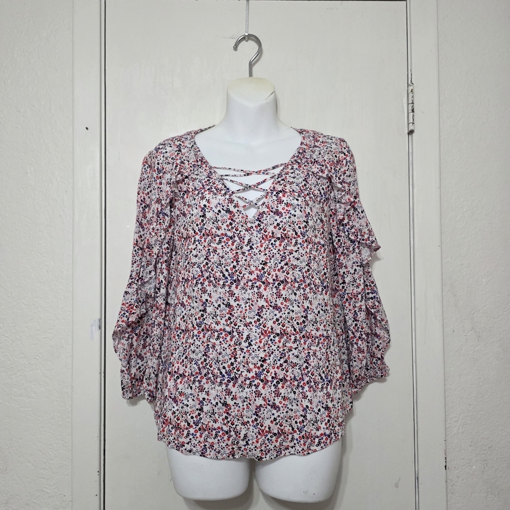 "a.n.a" Floral Lace-Up Blouse | Size Small | Like New